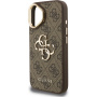 Guess 4G Metal Logo kryt s výklopným stojanom pre iPhone 16 - hnedý
