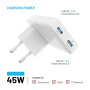 FIXED Slim Traveller GaN univerzálny cestovný adaptér s portami 2x USB-C a zástrčkami - 45W - biely