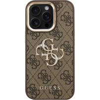 Guess 4G Metal Logo kryt s výklopným stojanom pre iPhone 15 Pro Max - hnedý