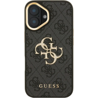 Guess 4G Metal Logo kryt s výklopným stojanom pre iPhone 16 - sivý