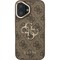 Guess 4G Metal Logo kryt s výklopným stojanom pre iPhone 16 - hnedý