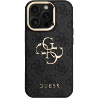 Guess 4G Metal Logo kryt s výklopným stojanom pre iPhone 16 Pro - šedý