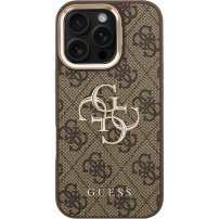Guess 4G Metal Logo kryt s výklopným stojanom pre iPhone 16 Pro Max - hnedý