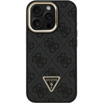 Guess 4G Strass Triangle Logo kryt s výklopným stojanom a MagSafe pre iPhone 16 Pro Max - sivý
