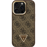 Guess 4G Strass Triangle Logo kryt s výklopným stojanom a MagSafe pre iPhone 16 Pro Max - hnedý