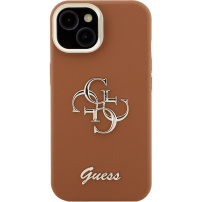 Guess Grained 4G Logo kryt s výklopným stojanom pre iPhone 13 - hnedý