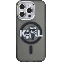 Karl Lagerfeld IML Glitter Karl and Choupette Sketch trblietavý kryt s MagSafe pre iPhone 15 Pro Max - sivý