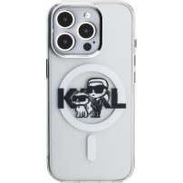 Karl Lagerfeld IML Glitter Karl and Choupette Sketch trblietavý kryt s MagSafe pre iPhone 15 Pro Max - strieborný