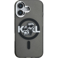 Karl Lagerfeld IML Glitter Karl and Choupette Sketch trblietavý kryt s MagSafe pre iPhone 16 - sivý