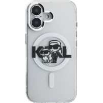 Karl Lagerfeld IML Glitter Karl and Choupette Sketch trblietavý kryt s MagSafe pre iPhone 16 - strieborný