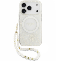 Guess IML Flowers Allover Strap kryt s pútkom a MagSafe pre iPhone 17 Pro Max - biely