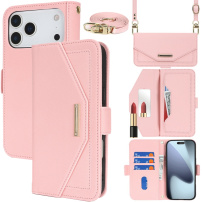 Flipové puzdro s popruhom v štýle listovej kabelky pre iPhone 17 Pro Max - ružové