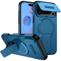 Kryt s posuvným krytom kamery, výklopným stojanom a MagSafe pre iPhone 17 Pro / 18 Pro - modrý