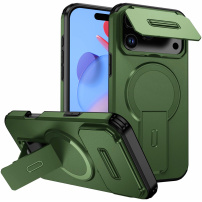 Kryt s posuvným krytom kamery, výklopným stojanom a MagSafe pre iPhone 17 Pro / 18 Pro - olivový