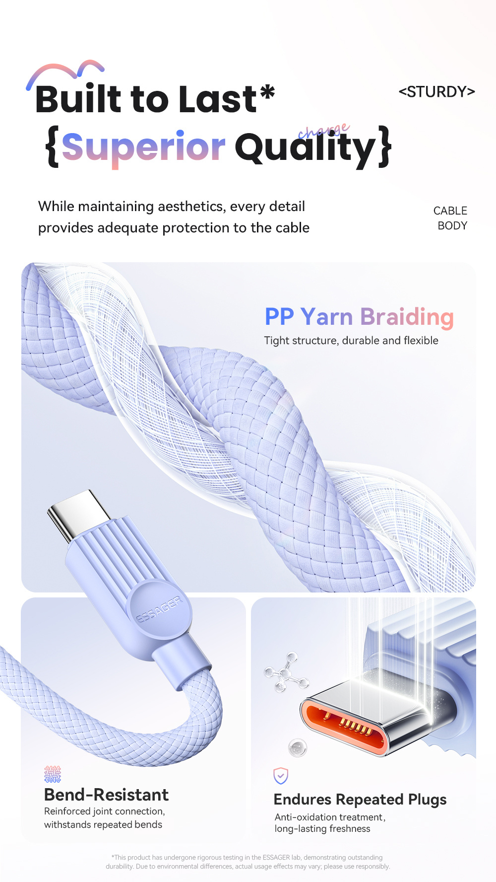 ESSAGER ES-X73 opletaný nabíjací a dátový kábel - USB-A na USB-C - 2 m - mentolovofialový