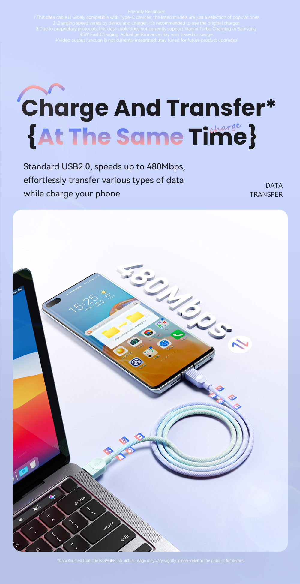 ESSAGER ES-X73 opletaný nabíjací a dátový kábel - USB-A na USB-C - 25 cm - zeleno-ružový