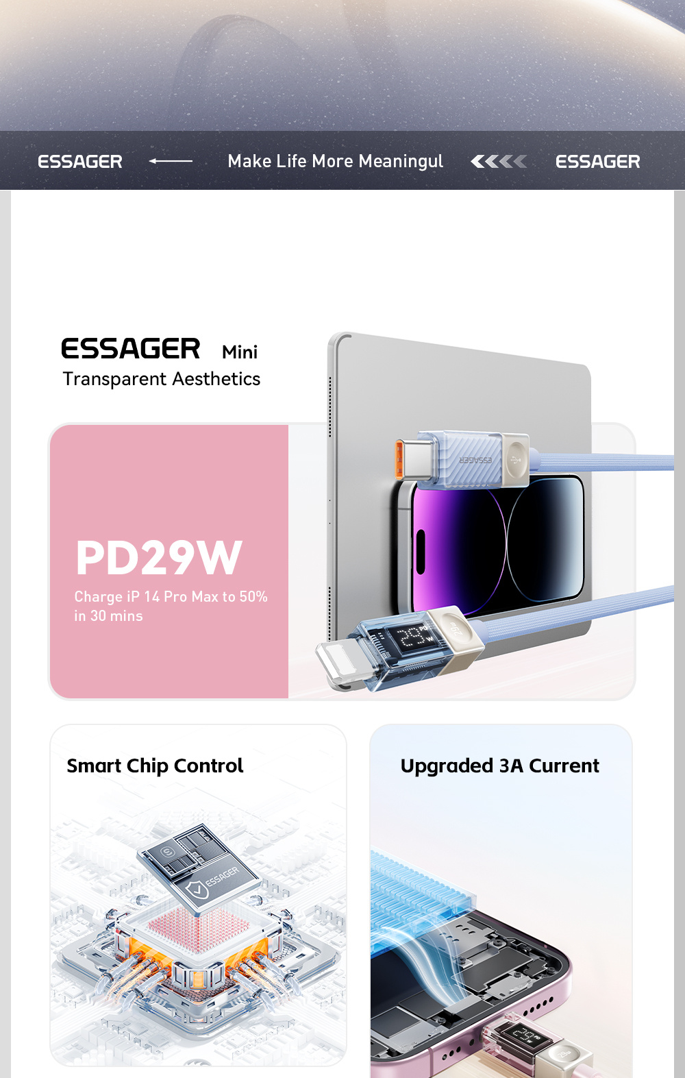 ESSAGER Crystal Clear opletený nabíjací a dátový kábel - USB-C na Lightning - 2 m - modrofialový