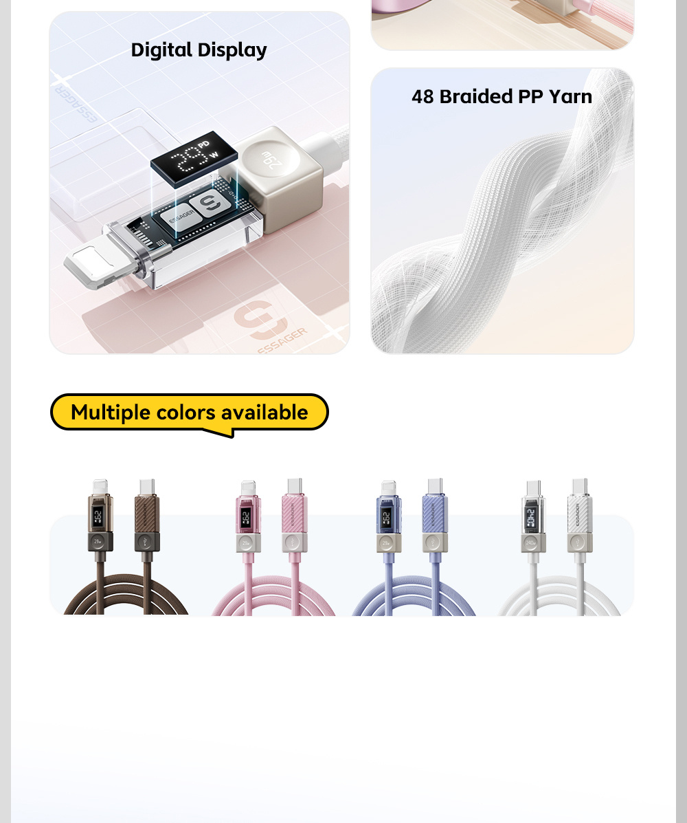 ESSAGER Crystal Clear opletený nabíjací a dátový kábel - USB-C na Lightning - 1 m - biely