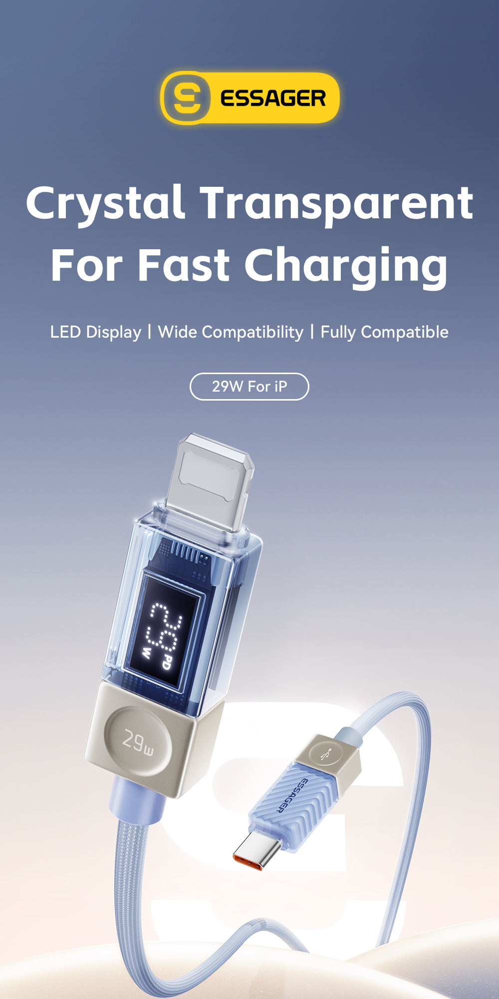 ESSAGER Crystal Clear opletený nabíjací a dátový kábel - USB-C na Lightning - 1 m - modrofialový