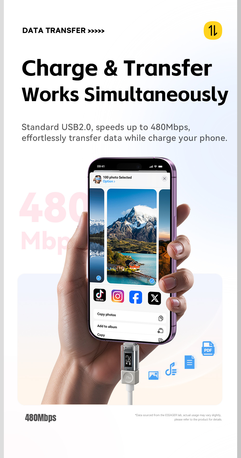 ESSAGER Crystal Clear opletený nabíjací a dátový kábel - USB-C na Lightning - 1 m - modrofialový