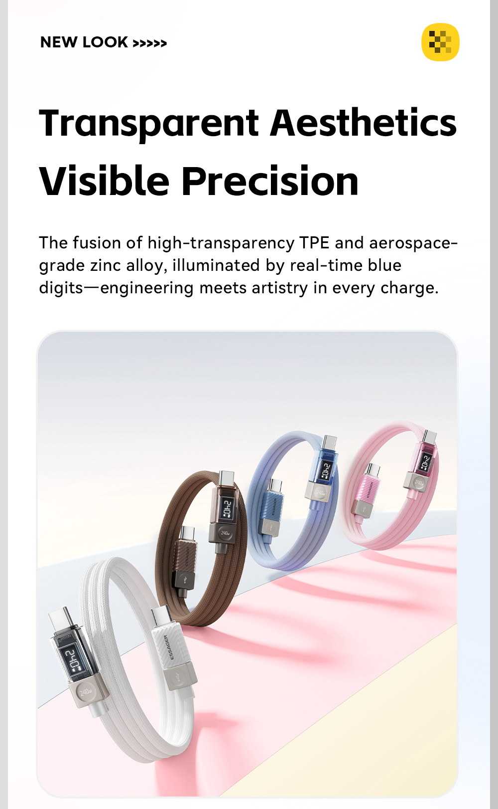 ESSAGER Crystal Clear pletený nabíjací a dátový kábel - USB-C na USB-C - 2 m - hnedý