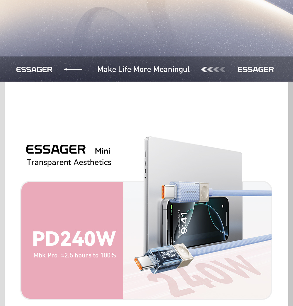 ESSAGER Crystal Clear opletený nabíjecí a datový kabel - USB-C na USB-C - 2 m - bílý