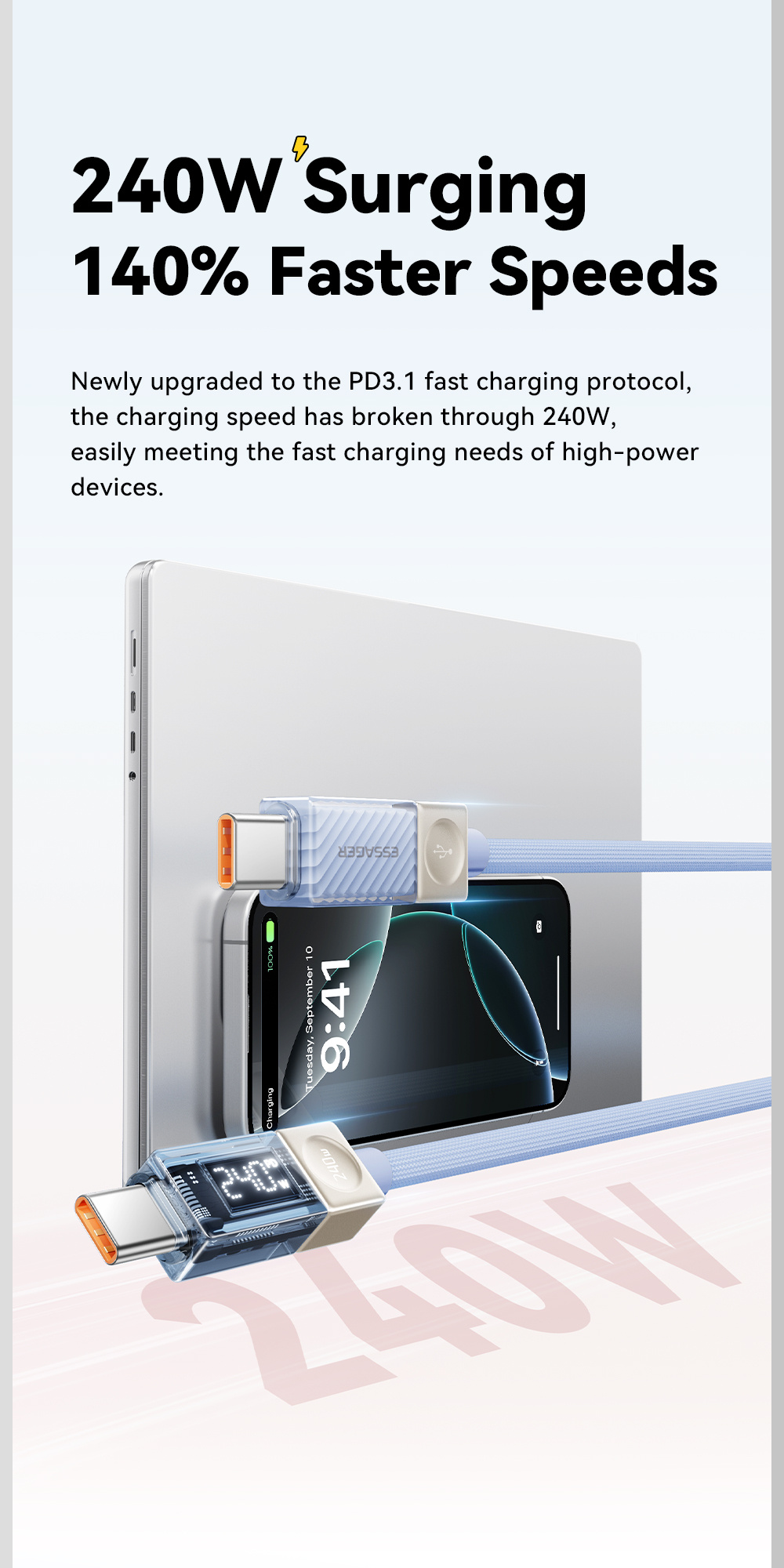 ESSAGER Crystal Clear opletený nabíjací a dátový kábel - USB-C na USB-C - 1 m - biely