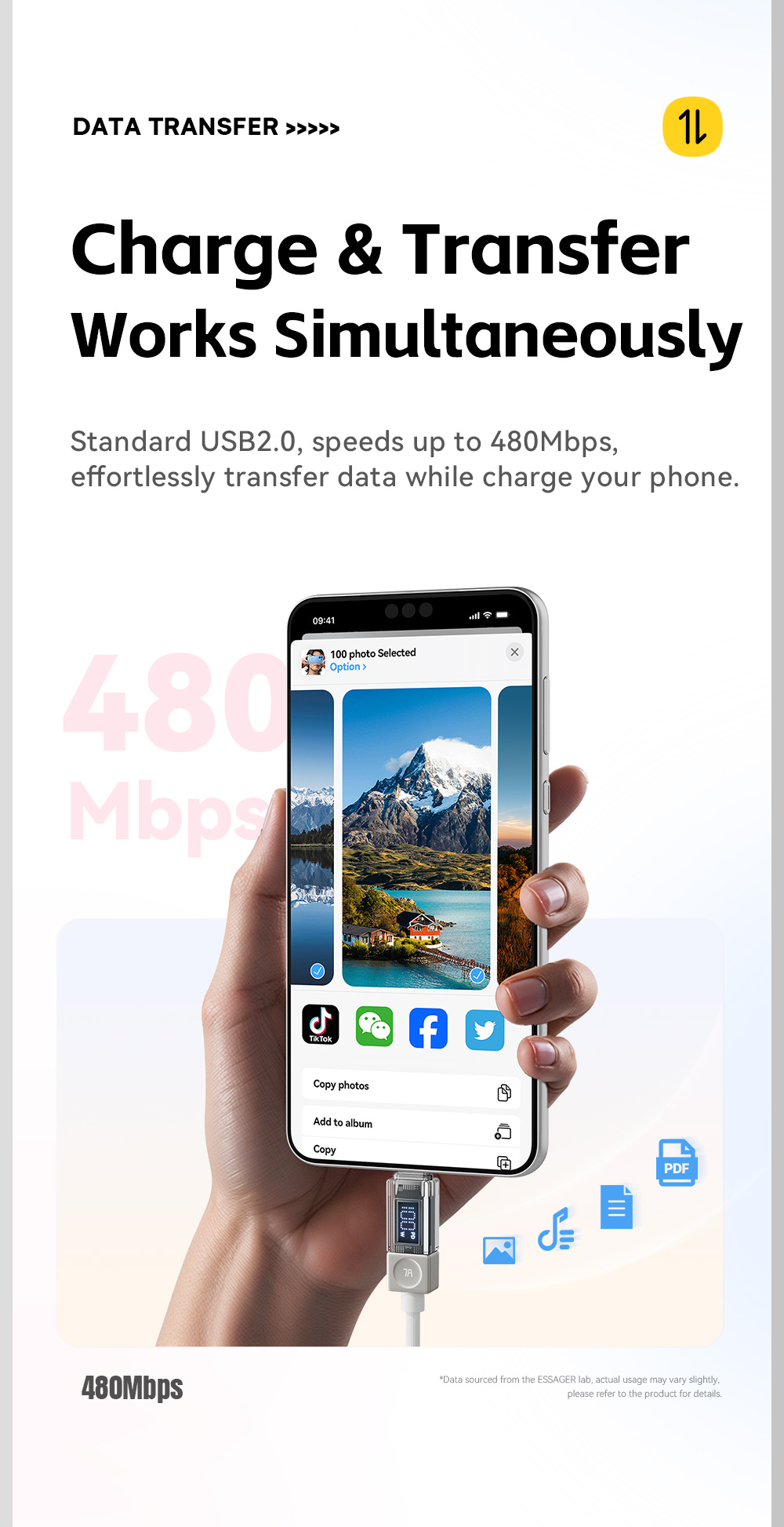 ESSAGER Crystal Clear opletený nabíjací a dátový kábel - USB-C na USB-C - 1 m - biely