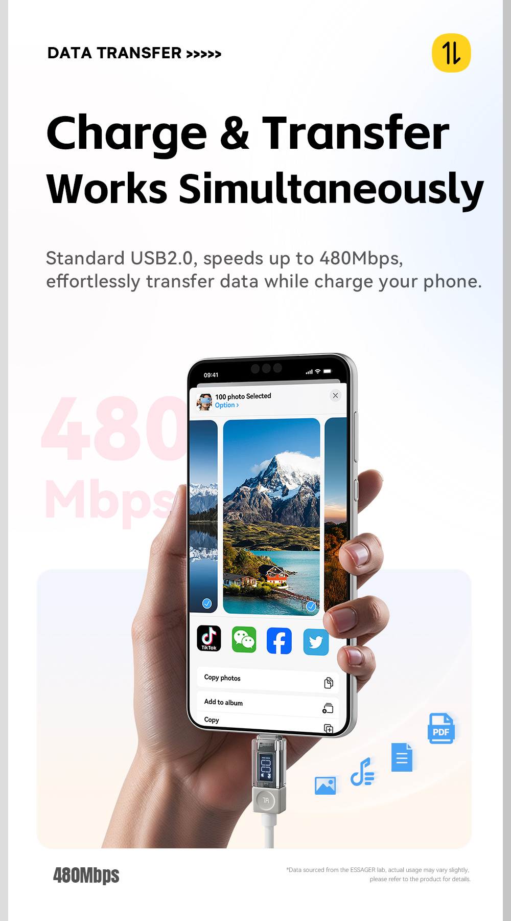 ESSAGER Crystal Clear opletený nabíjací a dátový kábel - USB-A na USB-C - 2 m - biely