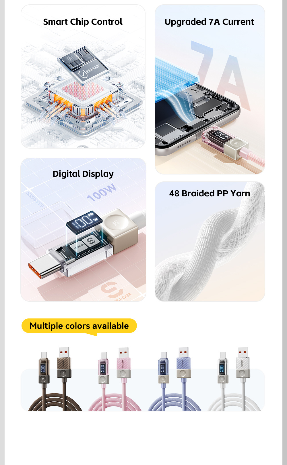 ESSAGER Crystal Clear opletený nabíjací a dátový kábel - USB-A na USB-C - 1 m - hnedý