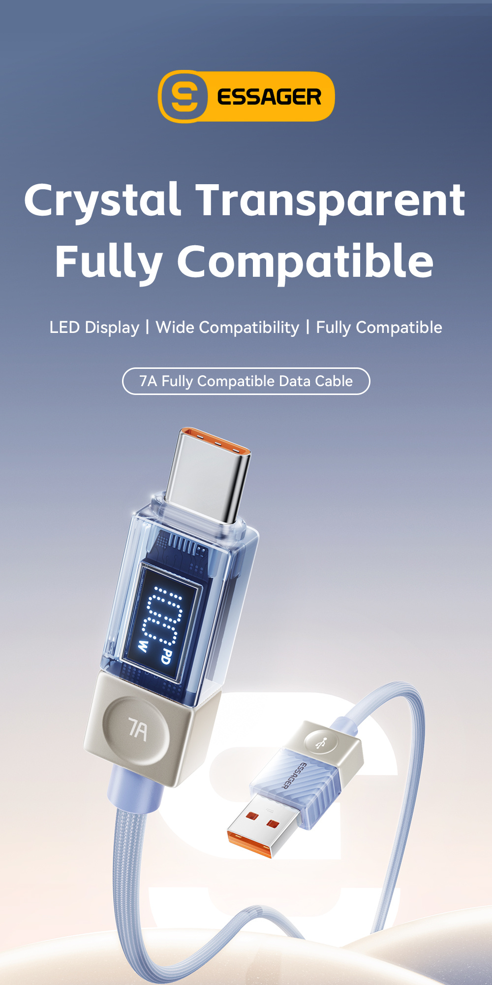 ESSAGER Crystal Clear opletený nabíjací a dátový kábel - USB-A na USB-C - 1 m - modrofialový