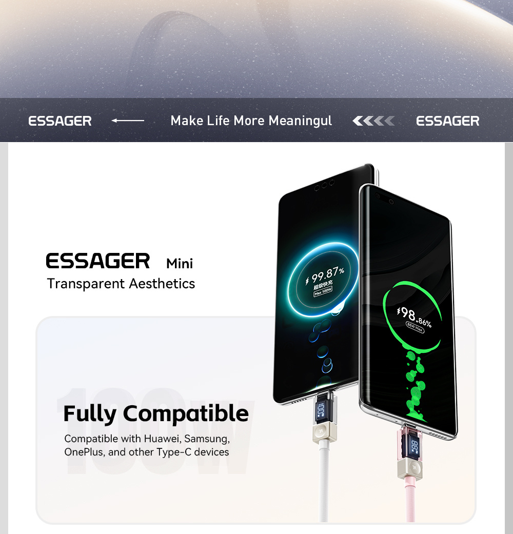 ESSAGER Crystal Clear opletený nabíjací a dátový kábel - USB-A na USB-C - 1 m - modrofialový
