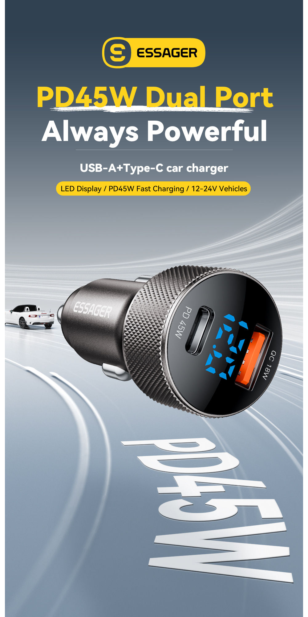 ESSAGER ES-CC21 autonabíjačka s portmi USB-C / USB-A - 45W - čierna