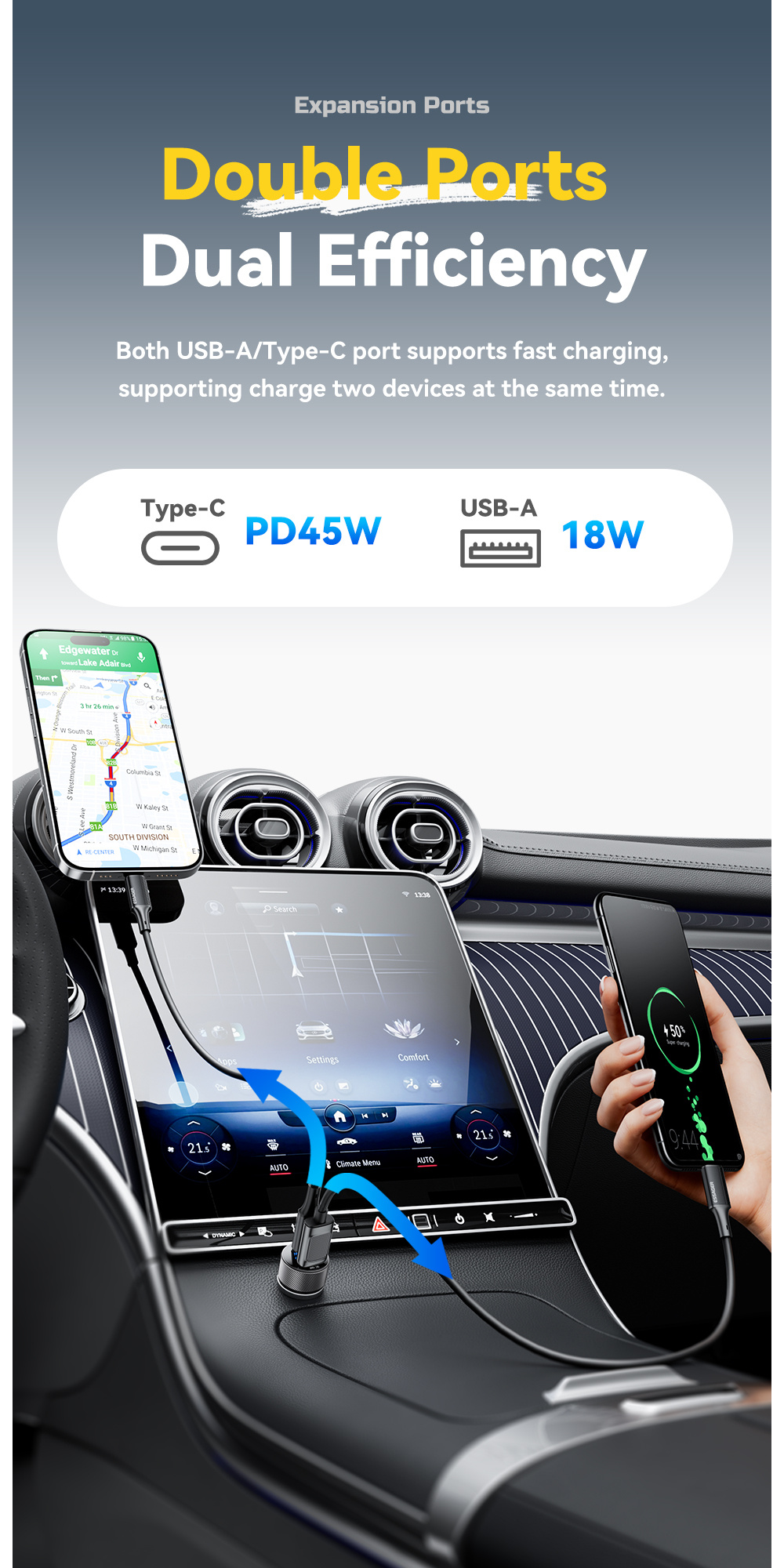 ESSAGER ES-CC21 autonabíjačka s portmi USB-C / USB-A - 45W - čierna