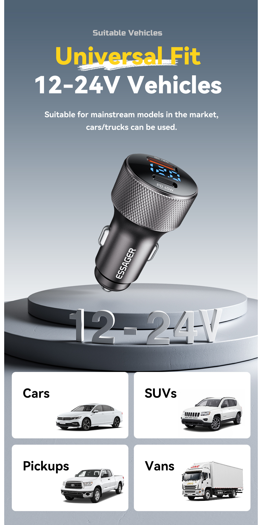 ESSAGER ES-CC21 autonabíjačka s portmi USB-C / USB-A - 45W - čierna