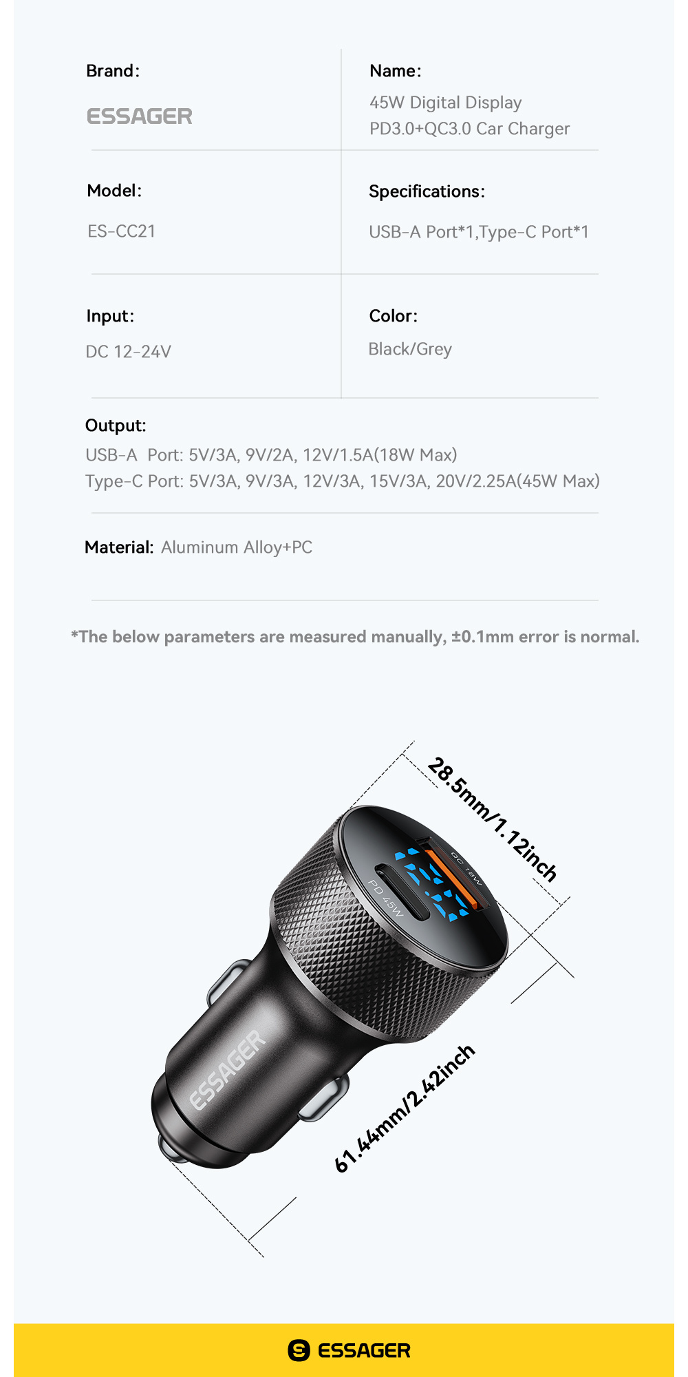ESSAGER ES-CC21 autonabíjačka s portmi USB-C / USB-A - 45W - čierna ESSAGER ES-CC21 autonabíjačka s portmi USB-C / USB-A - 45W - čierna