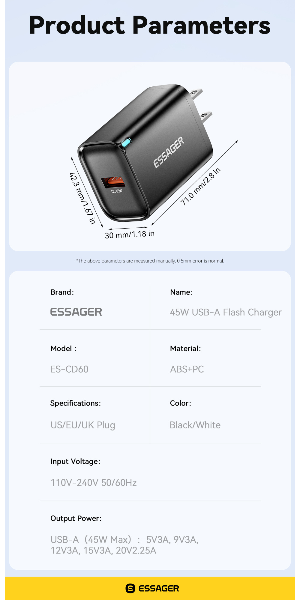 ESSAGER ES-CD60 rýchlonabíjací adaptér s portom USB-A - 45W - čierny ESSAGER ES-CD60 rýchlonabíjací adaptér s portom USB-A - 45W - čierny