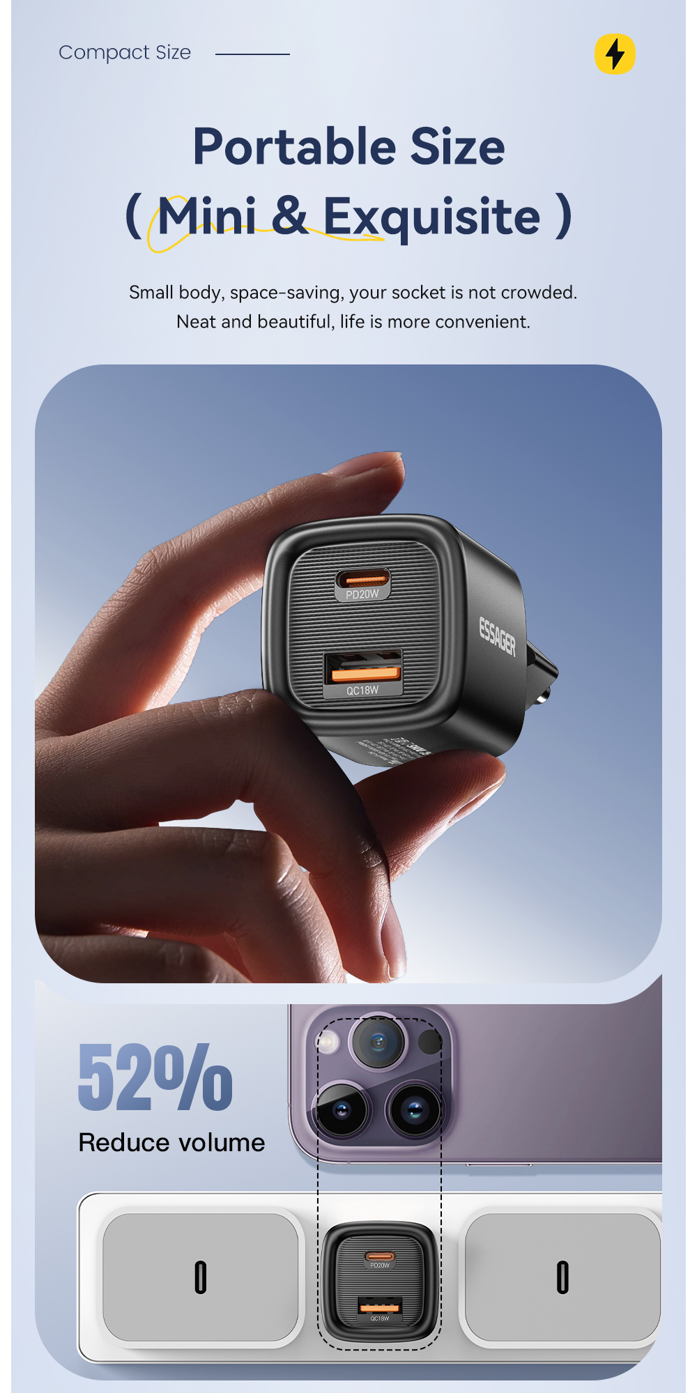 ESSAGER ES-CD54 mini rýchlonabíjací adaptér s portmi USB-C / USB-A - 20W - biely