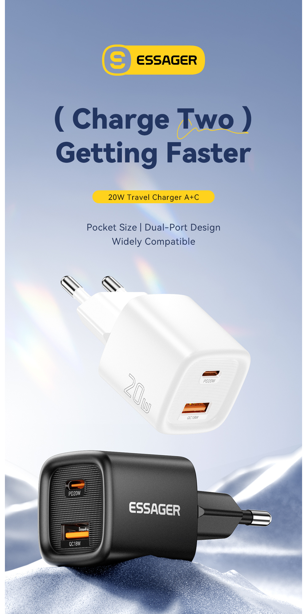 ESSAGER ES-CD54 mini rýchlonabíjací adaptér s portmi USB-C / USB-A - 20W - čierny