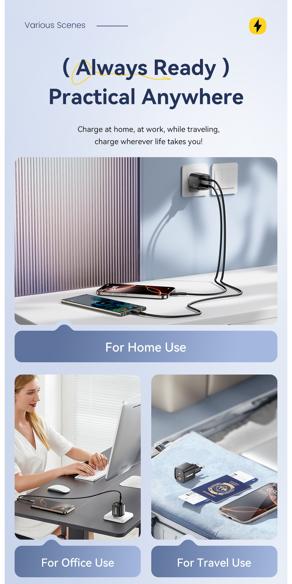 ESSAGER ES-CD54 mini rýchlonabíjací adaptér s portmi USB-C / USB-A - 20W - čierny