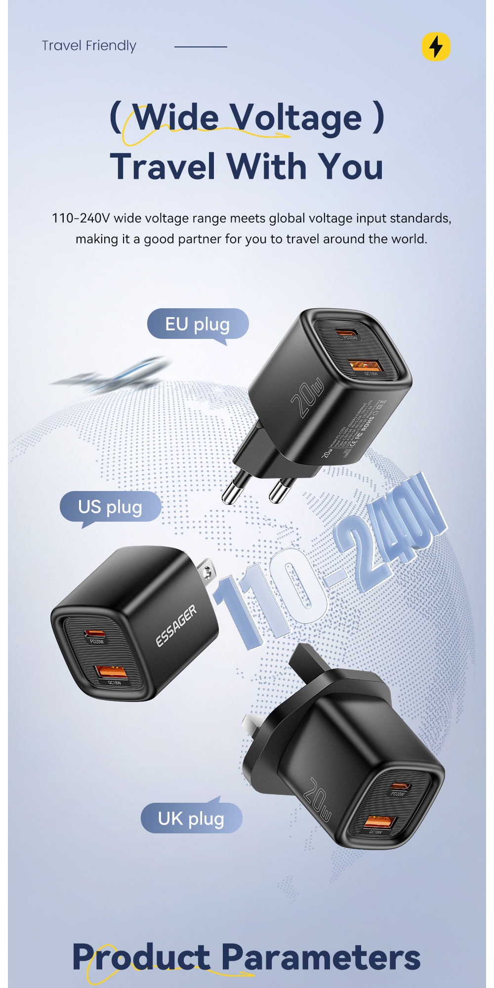 ESSAGER ES-CD54 mini rýchlonabíjací adaptér s portmi USB-C / USB-A - 20W - čierny