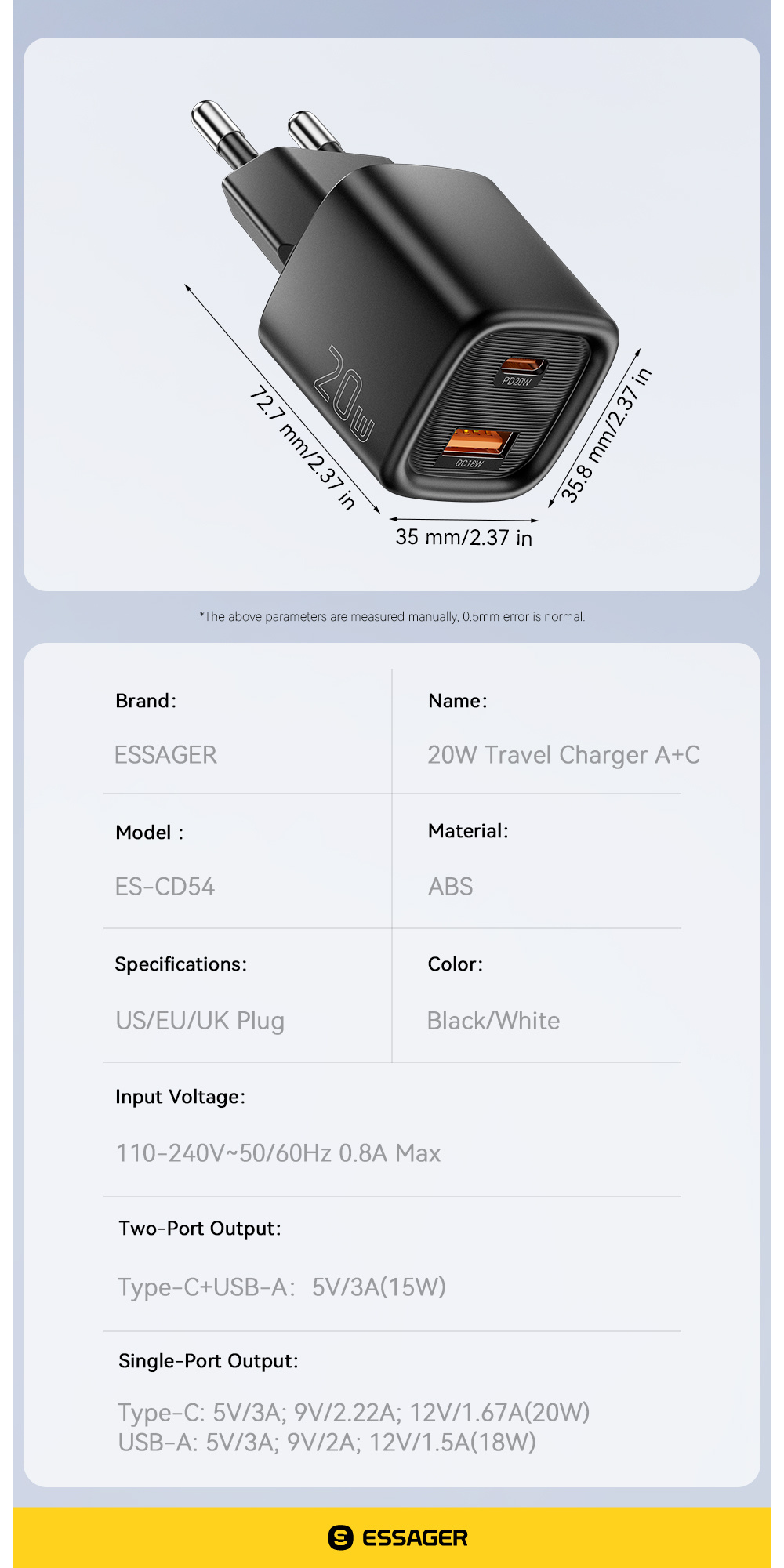 ESSAGER ES-CD54 mini rýchlonabíjací adaptér s portmi USB-C / USB-A - 20W - čierny ESSAGER ES-CD54 mini rýchlonabíjací adaptér s portmi USB-C / USB-A - 20W - čierny