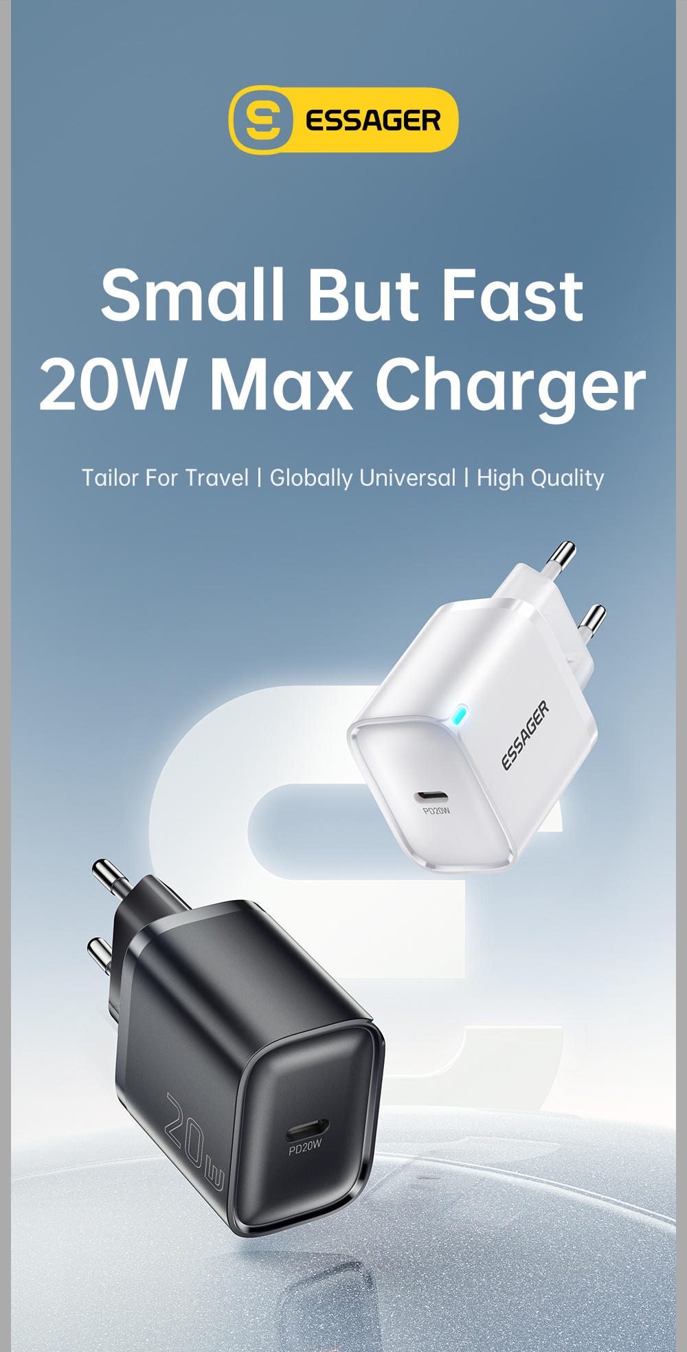ESSAGER ES-CD53 rýchlonabíjací adaptér s portom USB-C - 20W - čierny