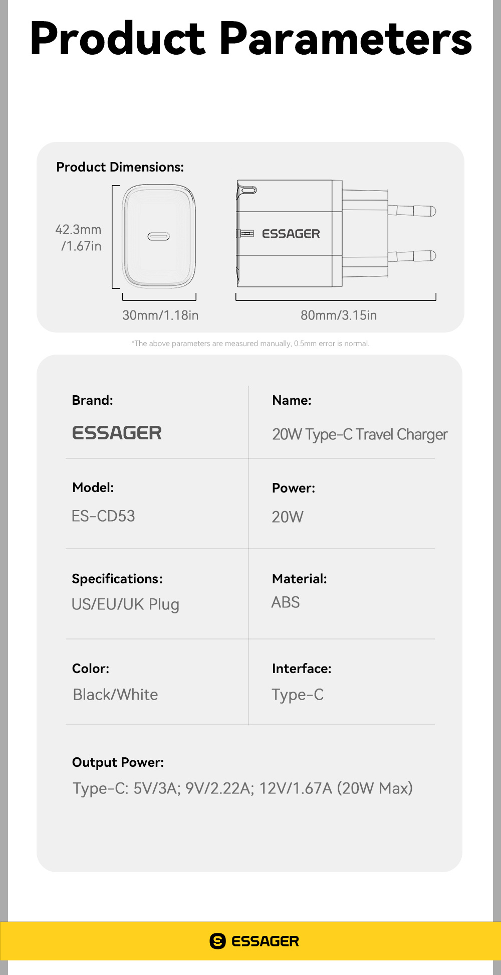 ESSAGER ES-CD53 rýchlonabíjací adaptér s portom USB-C - 20W - čierny
