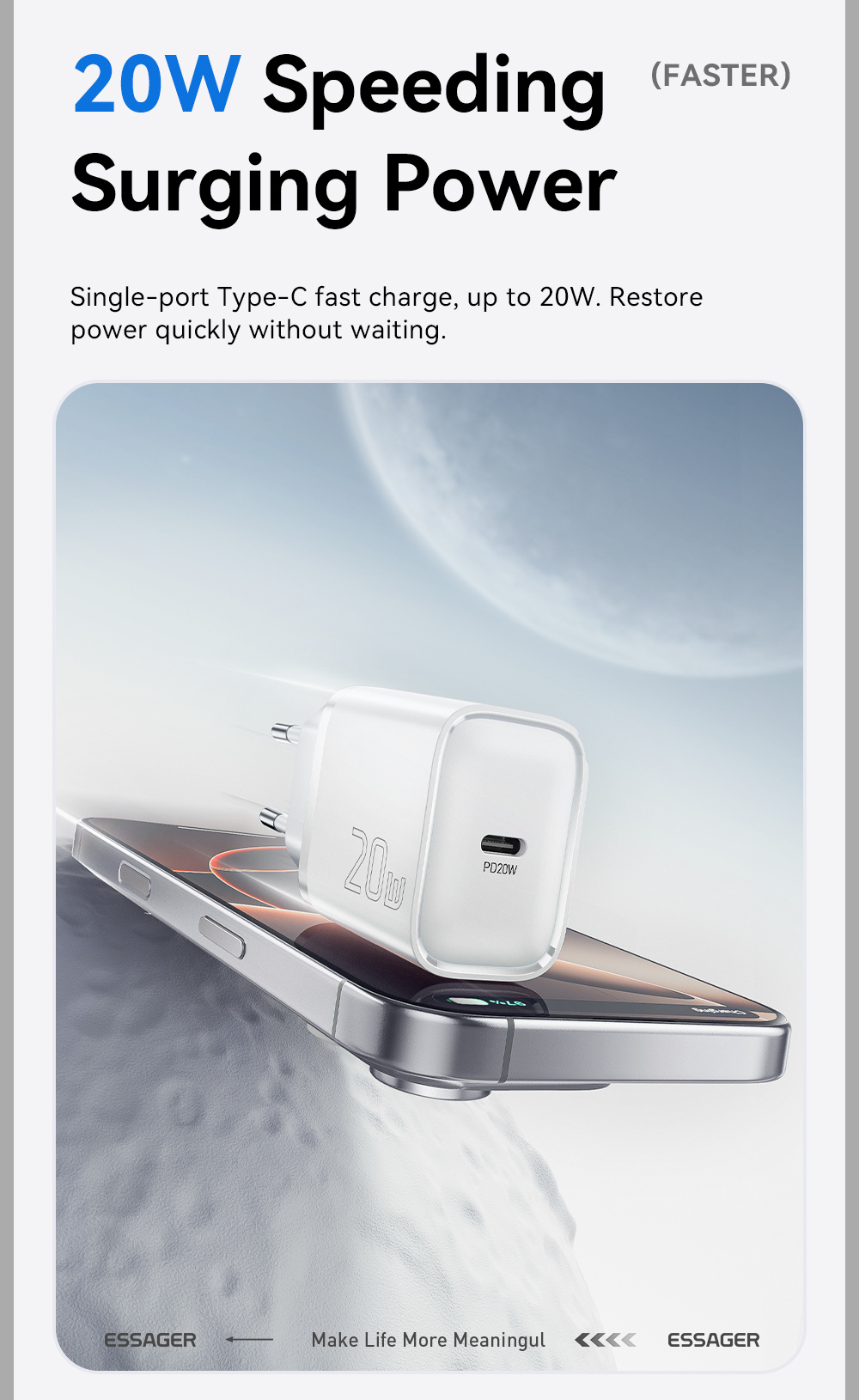ESSAGER ES-CD53 rýchlonabíjací adaptér s portom USB-C - 20W - biely