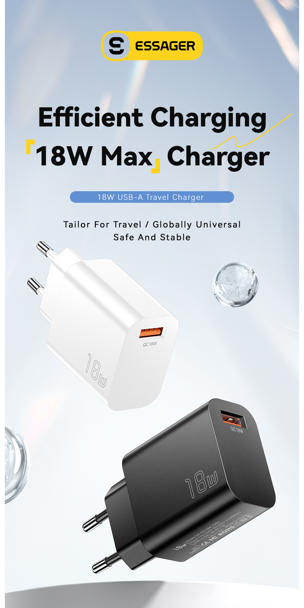 ESSAGER S9 GaN rýchlonabíjací adaptér s portom USB-A - 18W - biely