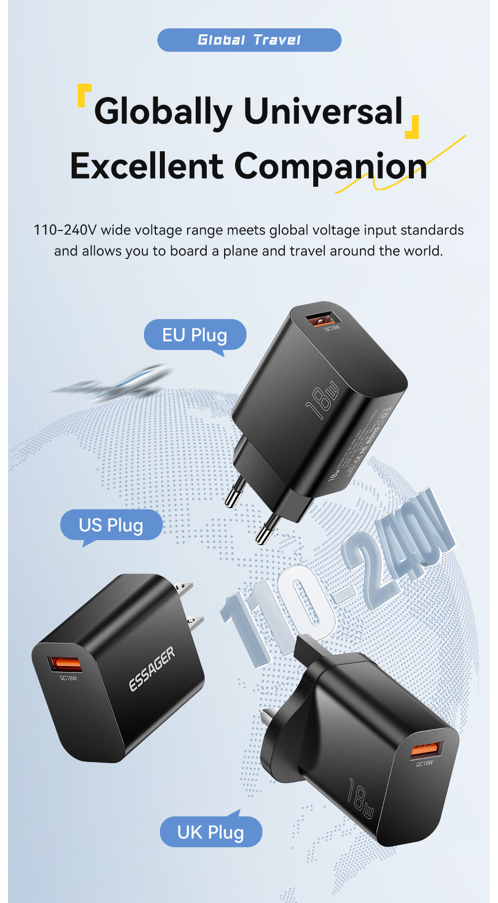 ESSAGER S9 GaN rýchlonabíjací adaptér s portom USB-A - 18W - biely
