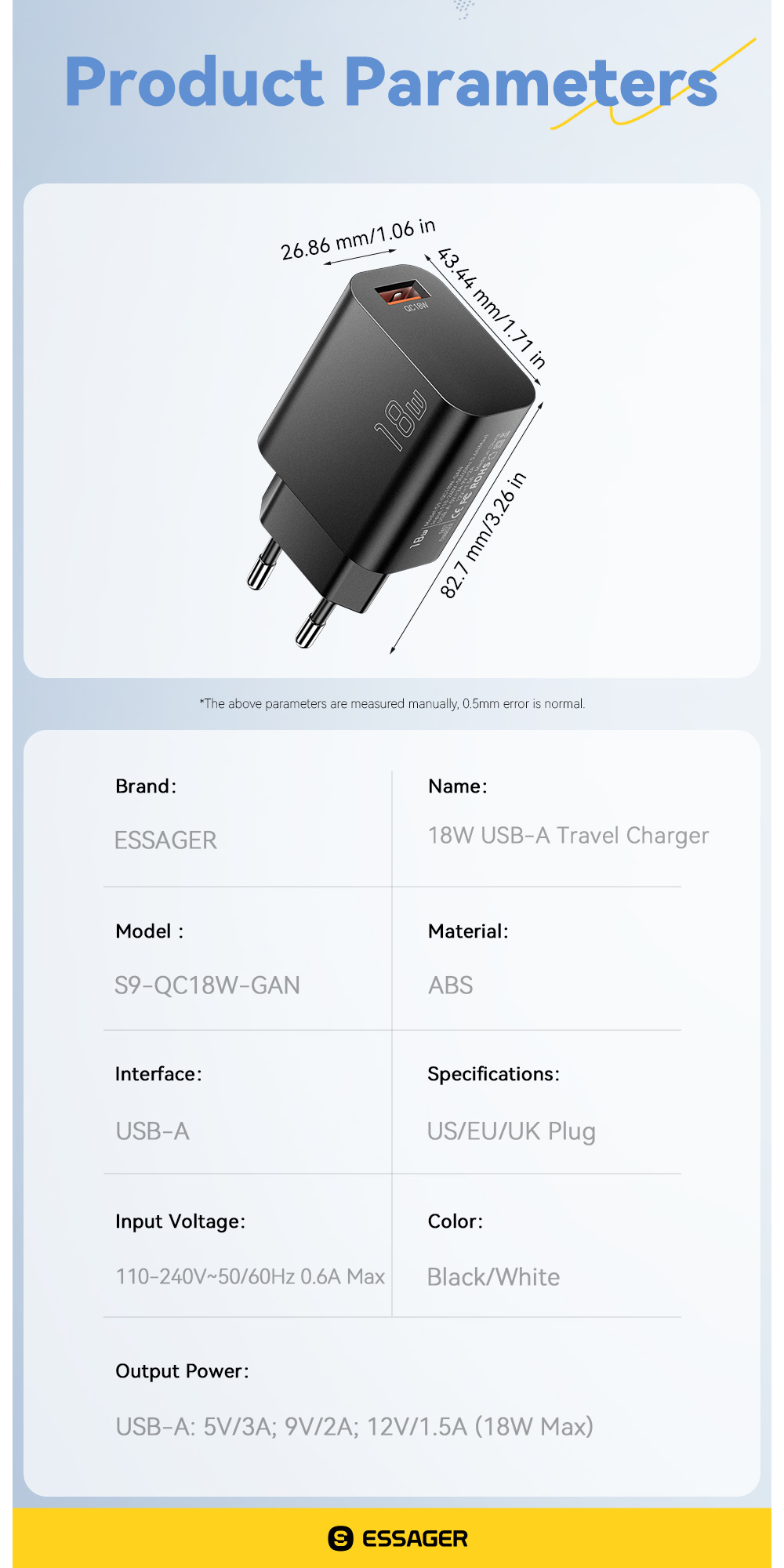 ESSAGER S9 GaN rýchlonabíjací adaptér s portom USB-A - 18W - biely ESSAGER S9 GaN rýchlonabíjací adaptér s portom USB-A - 18W - biely