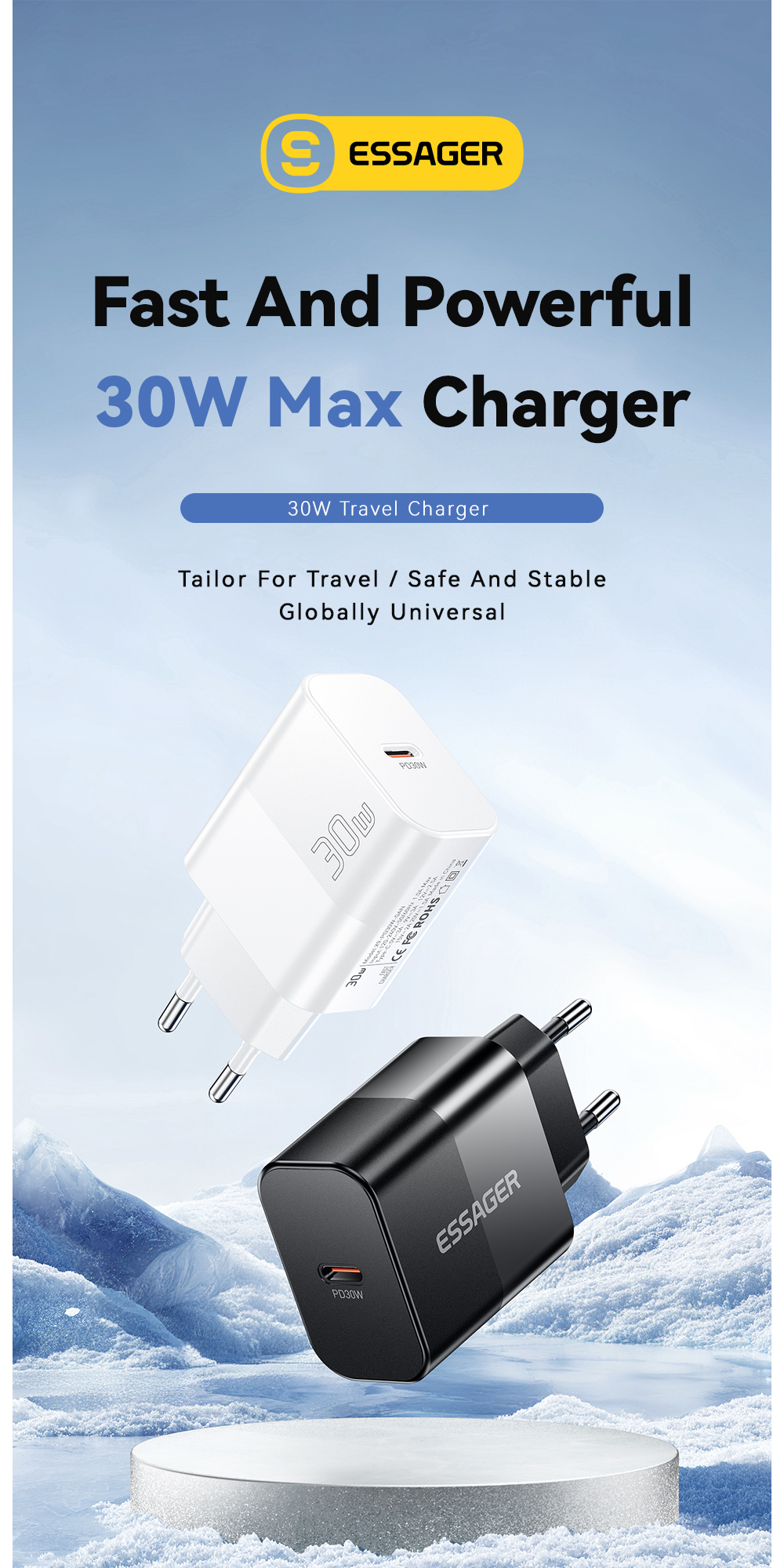 ESSAGER X9 GaN rýchlonabíjací adaptér s portom USB-C - 30W - biely