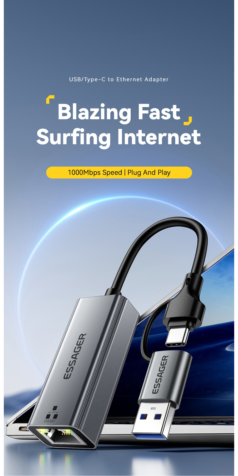 ESSAGER 2v1 ethernet redukcia - RJ45 na USB-C / USB-A - sivá